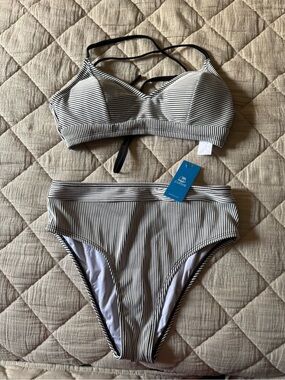 Cupshe Black & White Pinstripe High-Waist Bikini